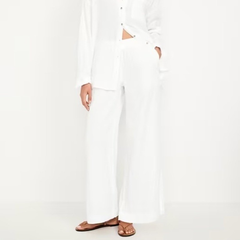 Old Navy Women's Sz Medium Petite Gauzy Wide Leg Pant Rope Tie Calla Lilly White
